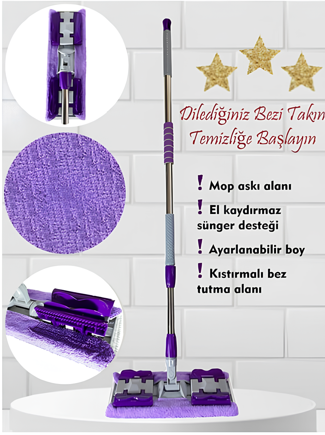 Mop Paspas Mor Teleskopik Mandallı Mikrofiber Sihirli Mop