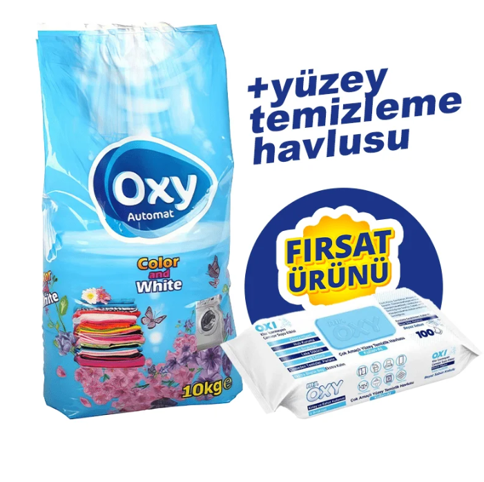 Oxy Matik Çamaşır Deterjanı 10 kg + Oxy çok amaçlı yüzey temizleme havlusu 100lü (1adet)